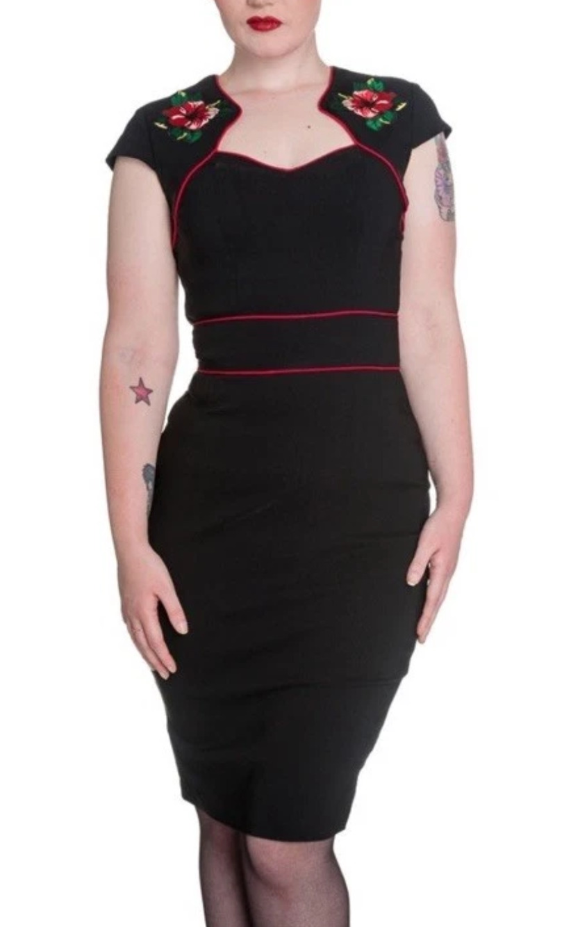 Hell Bunny Vixen black floral embellished wiggle dress Size Small Retro Pin Up